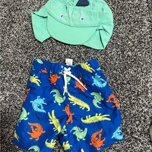 6-9 mo boys Kids alligator Swim trunks  and 6-12 mo sun hat nwt